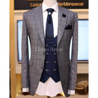 Gray windowpane check 3 piece suit with double breasted blue shawl laple vest, 3 piece suit for men