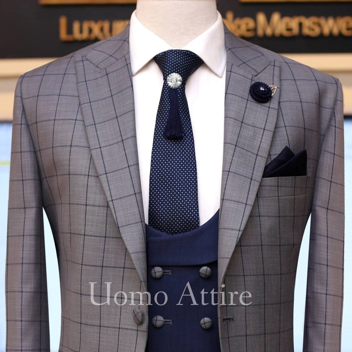 
                  
                    Gray windowpane check 3 piece suit with double breasted blue shawl laple vest, 3 piece suit for men
                  
                