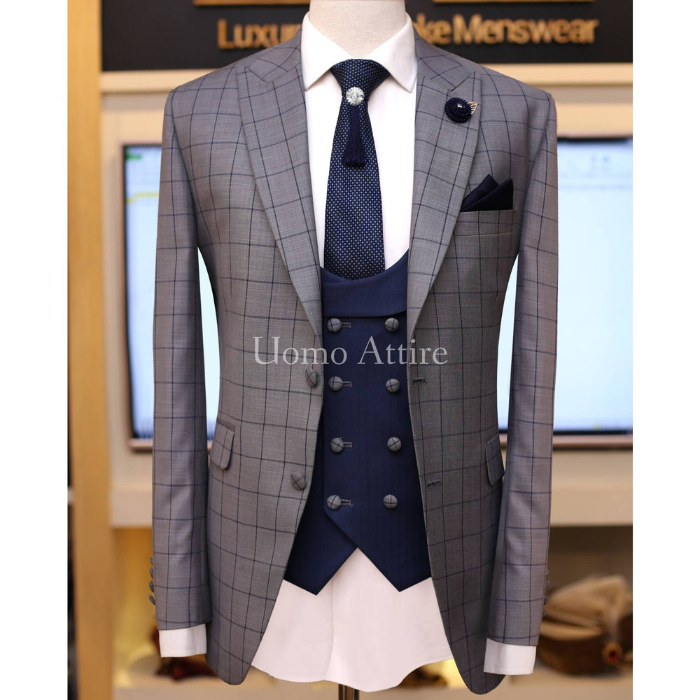 Gray windowpane check 3 piece suit with double breasted blue shawl laple vest, 3 piece suit for men