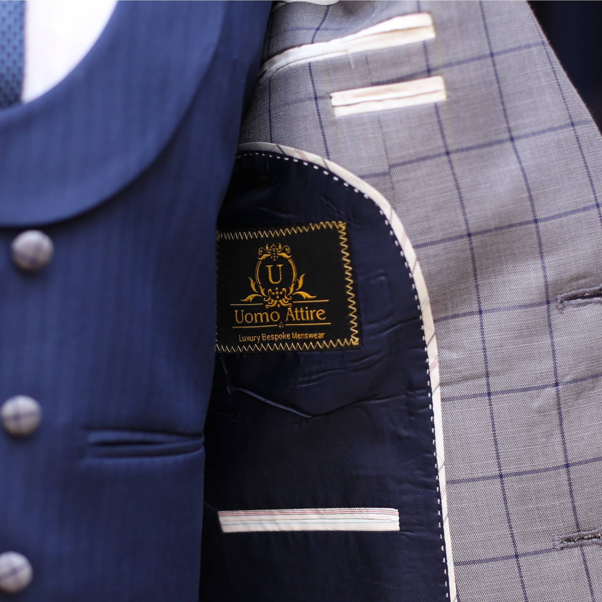 Gray windowpane check 3 piece suit with double breasted blue shawl laple vest inside linning fashion