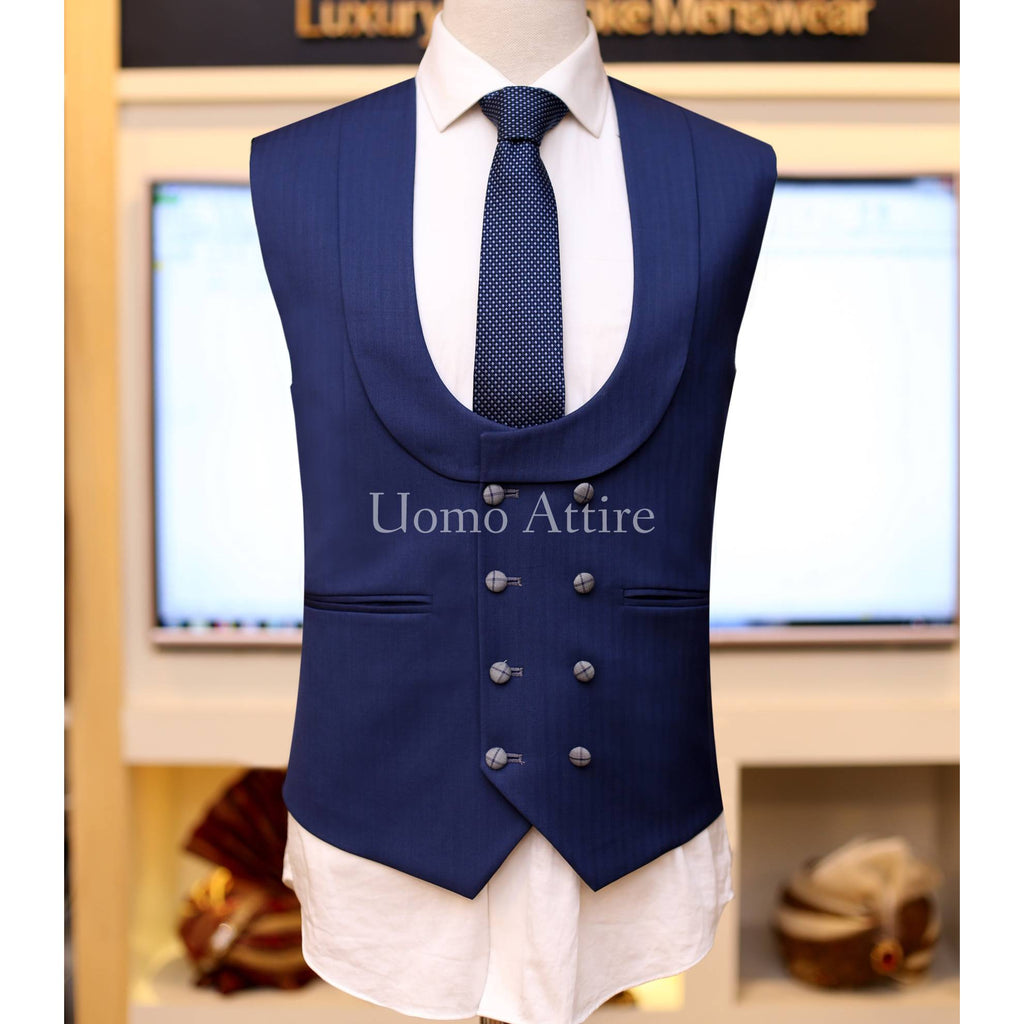 Gray windowpane check 3 piece suit with double breasted blue shawl laple vest