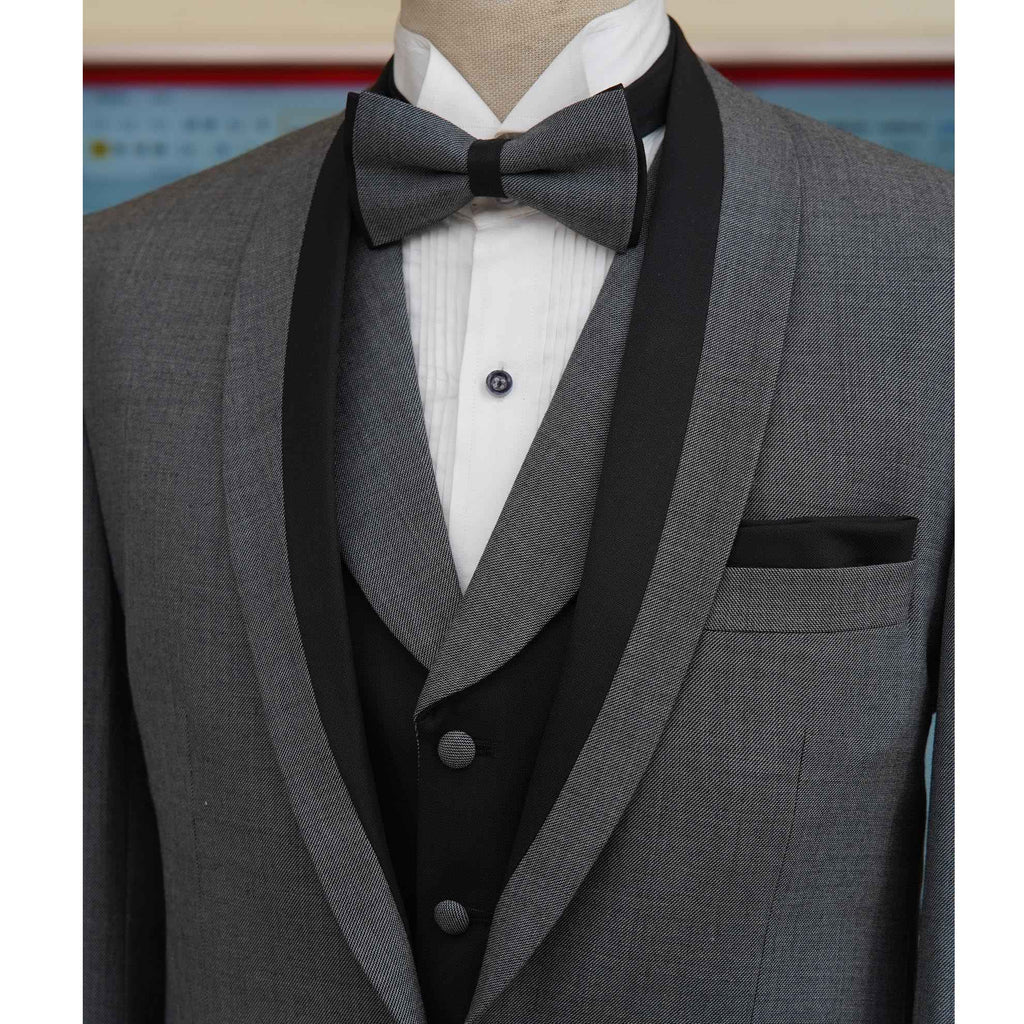 Men's three piece gray tuxedo with contrast shawl, suit, 3 piece suit, gray tuxedo suit