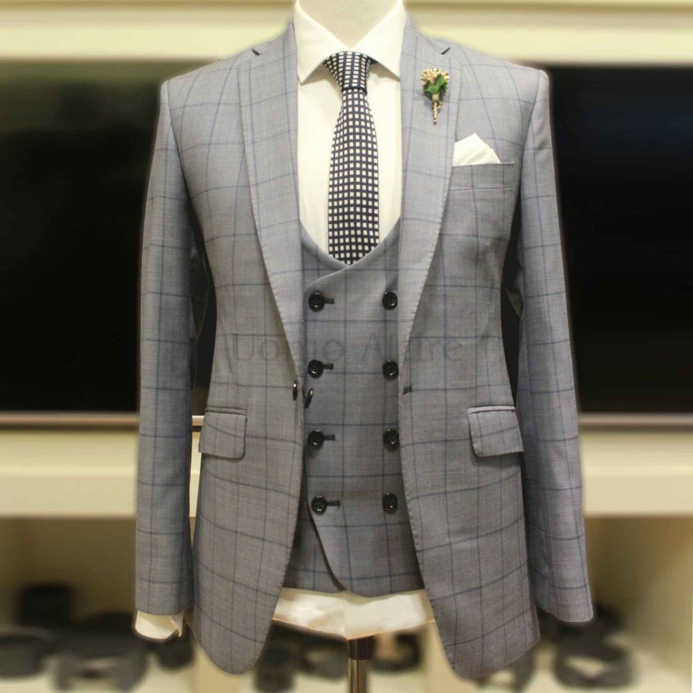 
                  
                    Gray windowpane check bespoke suit, gray 3 piece suit with double breasted vest made with 100% woolen fabric
                  
                