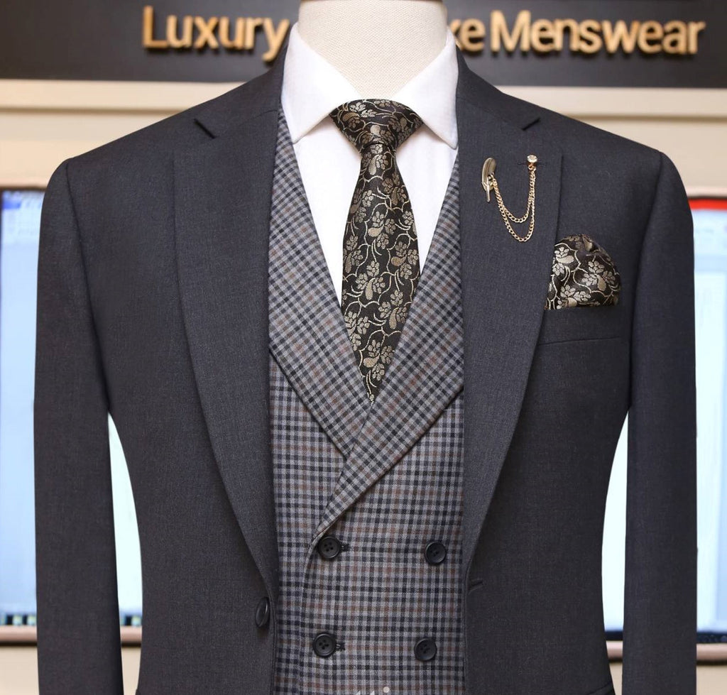 lightweight four season gray 3 piece suit with double breasted mini check vest and chain brooch