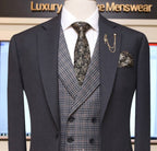 lightweight four season gray 3 piece suit with double breasted mini check vest and chain brooch