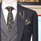 lightweight four season gray 3 piece suit with double breasted mini check vest formal tie and pocket square