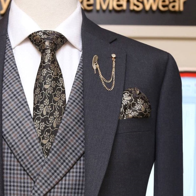lightweight four season gray 3 piece suit with double breasted mini check vest formal tie and pocket square