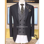 lightweight four season gray 3 piece suit with double breasted mini check vest