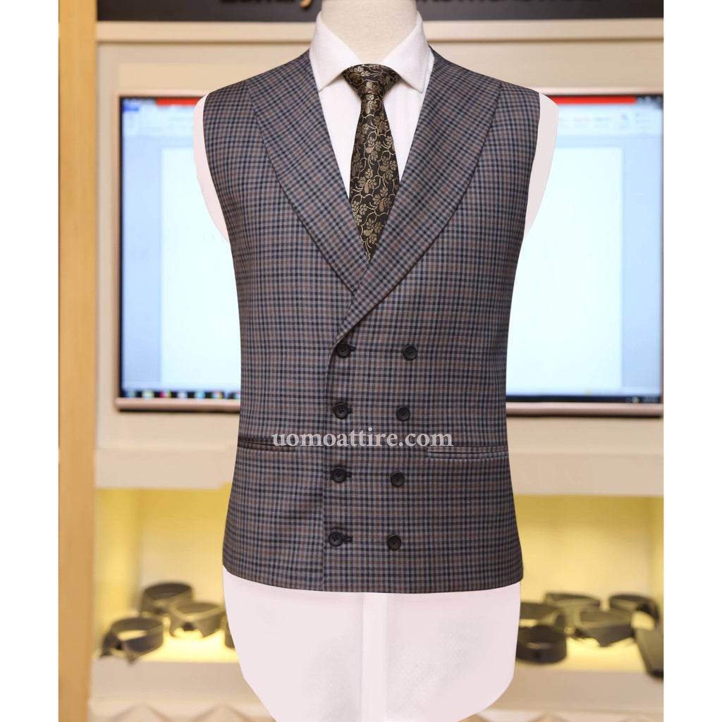 lightweight four season gray 3 piece suit with double breasted mini check vest
