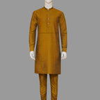 Stylish and Traditional Yellowish Orange Raw Silk Fabric Kurta Pajama for Men