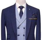 Made-to-measure light blue three piece, light blue 3 piece suit for men with double breasted mini check vest