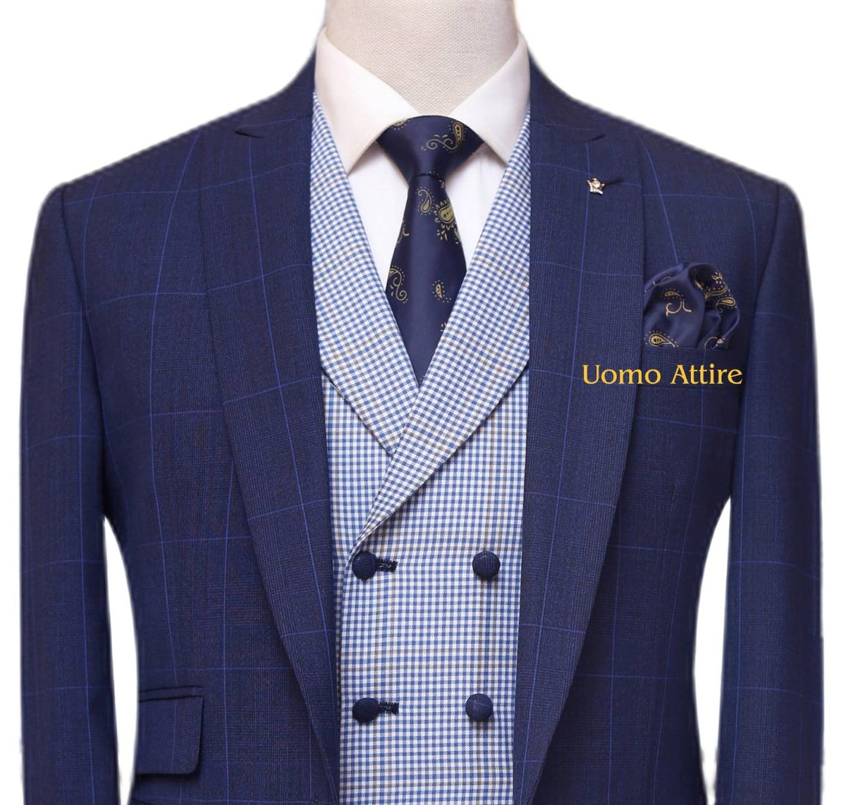 Made-to-measure light blue three piece, light blue 3 piece suit for men with double breasted mini check vest