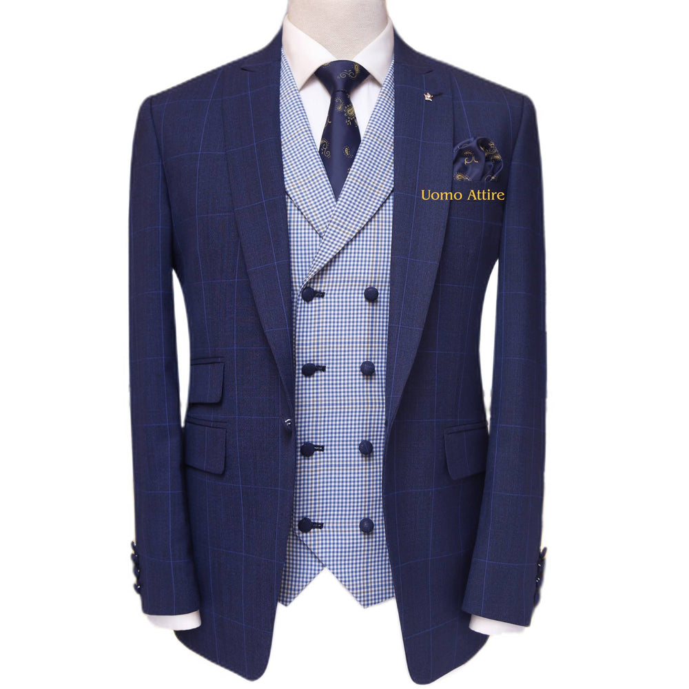 Made-to-measure light blue three piece, light blue 3 piece suit for men with double breasted mini check vest