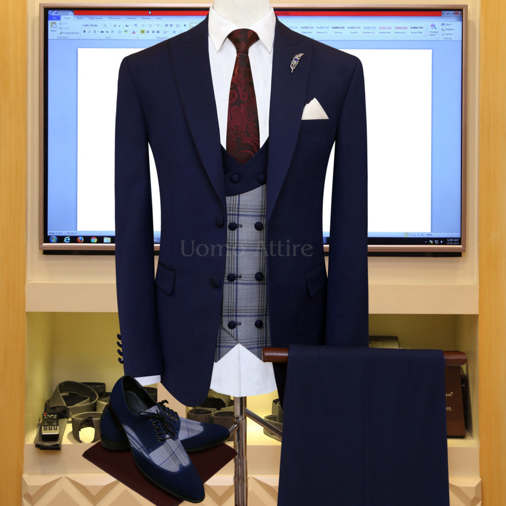 Made-to-order navy blue self textured three piece suit
