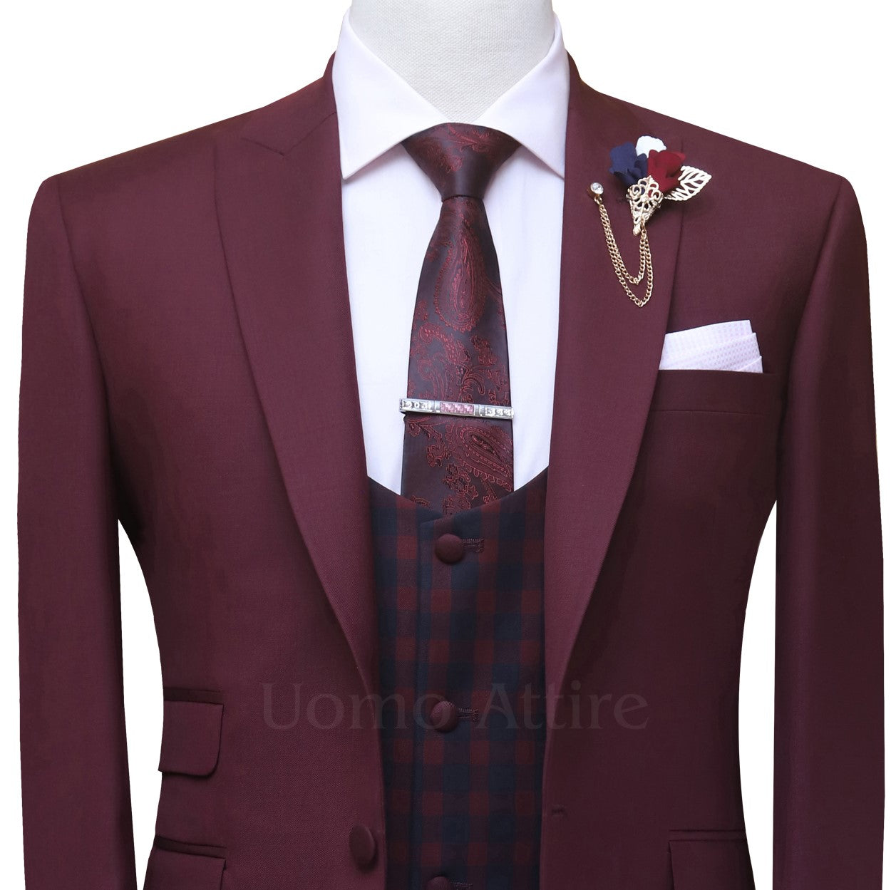 
                  
                    maroon 3 piece suit for men with single breasted contrast vest and pocket sqaure
                  
                