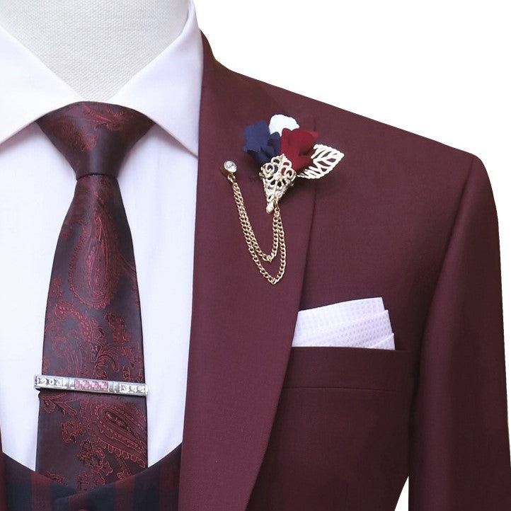 
                  
                    Maroon 3 piece suit for men with contrast check vest and designer lapel pin
                  
                