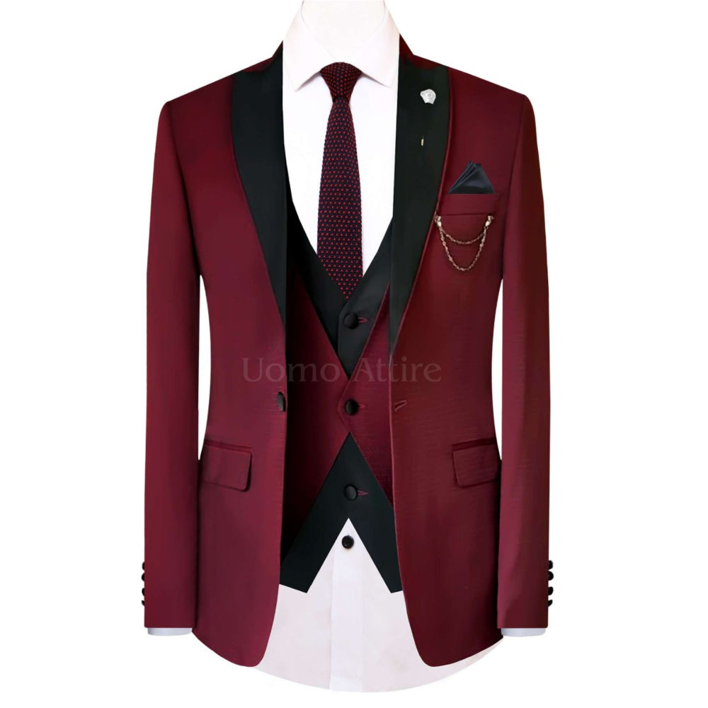 Maroon 3 piece suit with contrasting combination, 3 piece suit, 3 piece suits for men, maroon 3 piece suit with single breasted vest