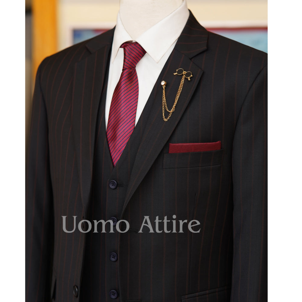 Maroon strips tropical black customized slim fit three piece suit