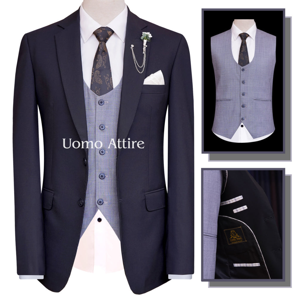 Midnight blue tropical 3 piece suit with single breasted vest
