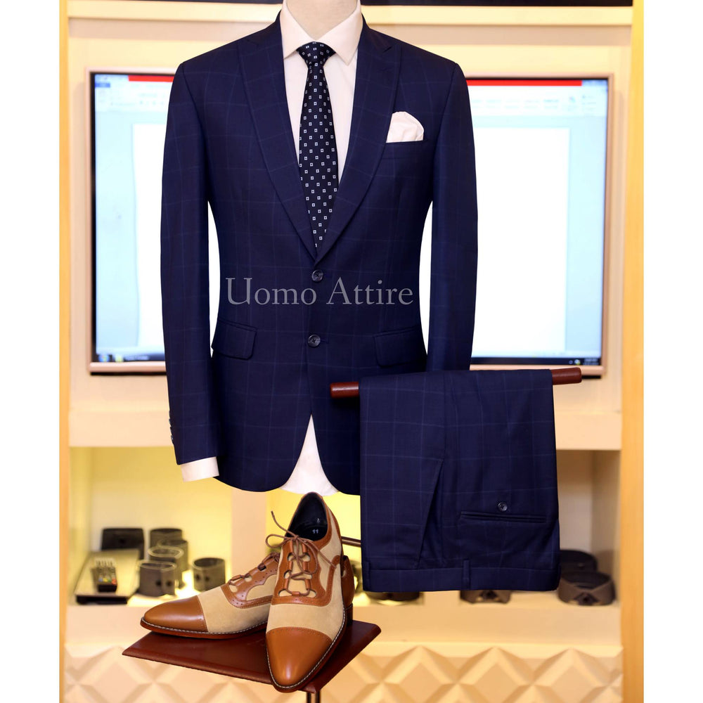 Navy blue 2 piece suit in windowpane check, navy blue suits for men