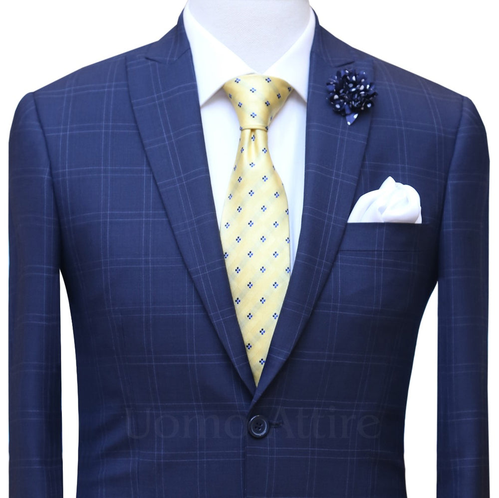 Windowpane navy blue piece suit – Uomo Attire - Main Image