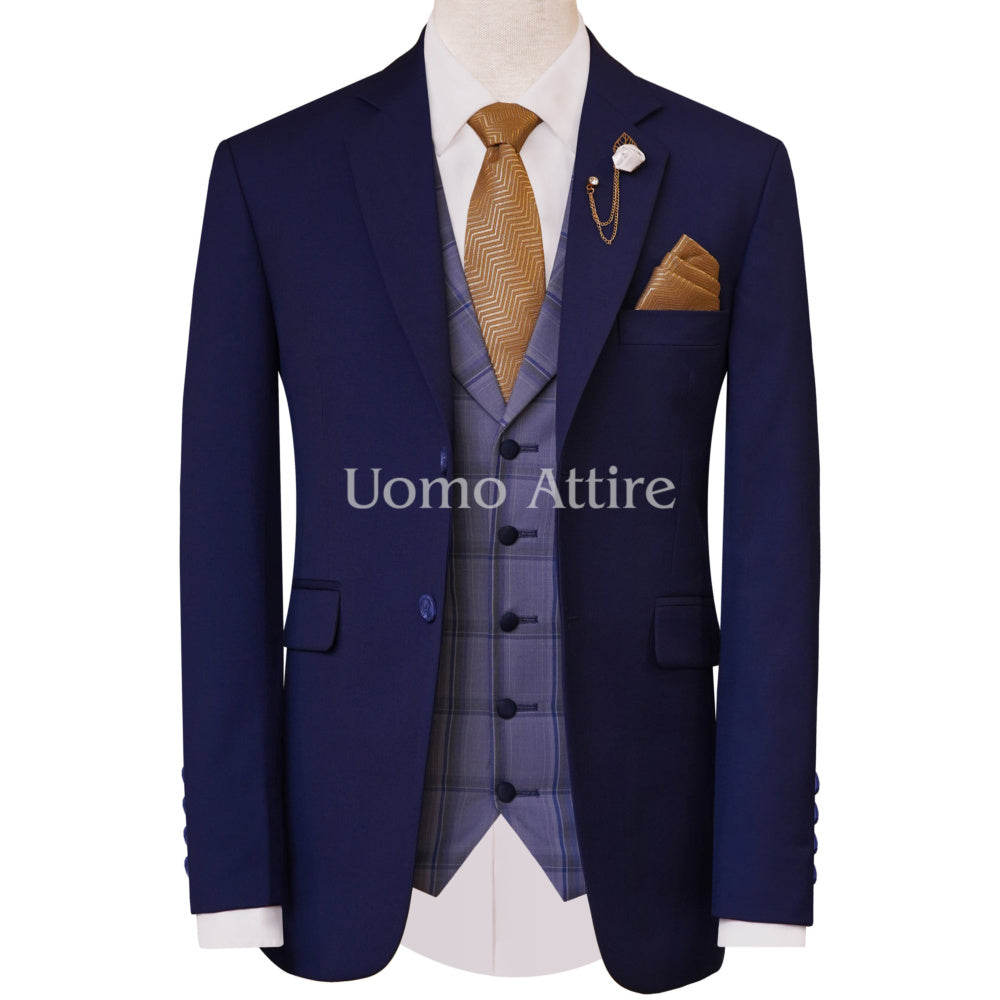 Navy blue customized three piece suit with checkered blue