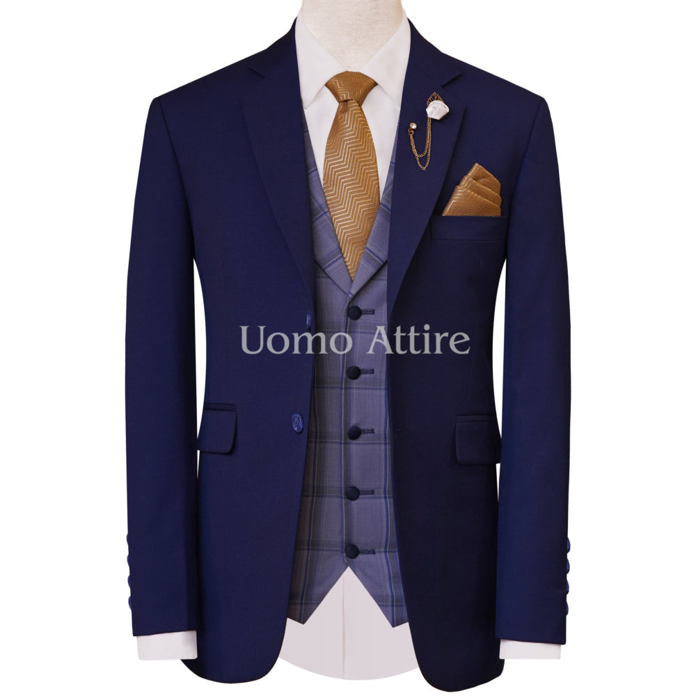 Navy blue customized three piece suit with checkered blue waistcoat