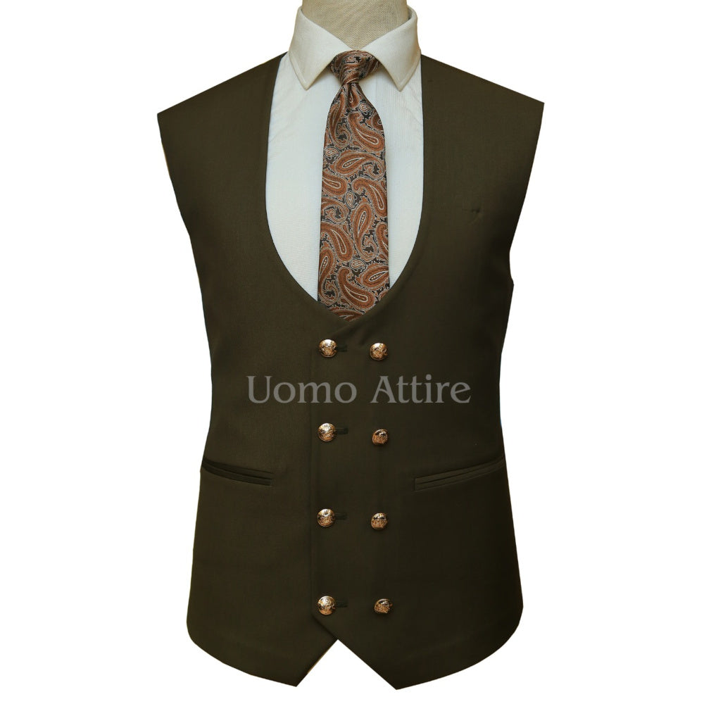 
                  
                    Olive green slim fit customized 3 piece suit waistcoat
                  
                