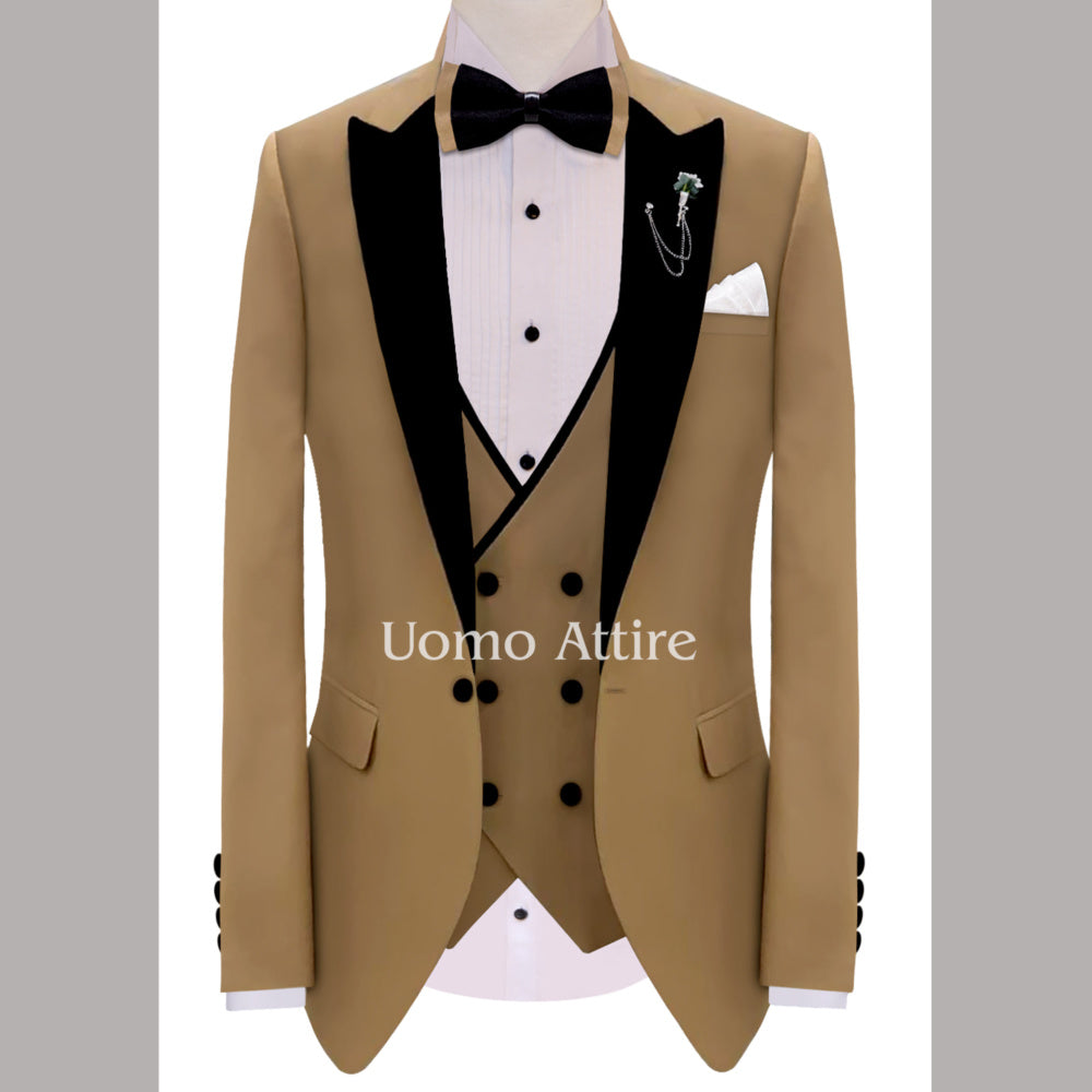 Tailored-made golden tuxedo three piece suit, golden tuxedo suit with black contrast velvet shawl and double-breasted piping vest