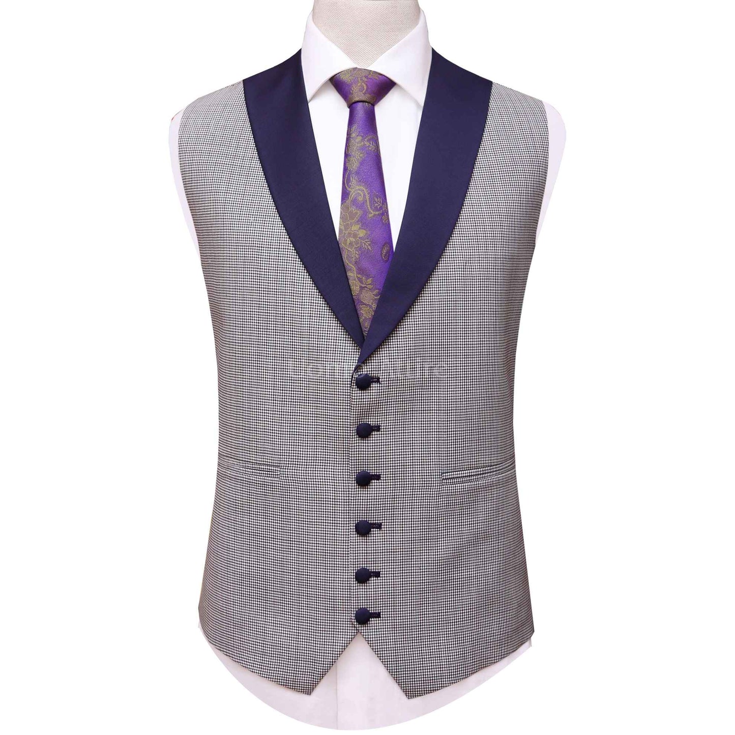 
                  
                    Plum three piece suit with contrast shawl lapel waistcoat
                  
                