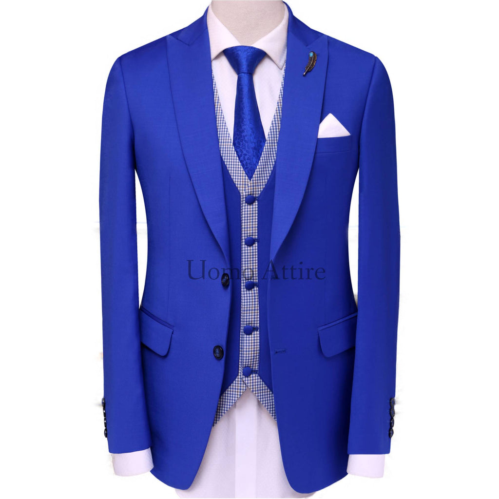 royal blue 3 piece suit for men with single breasted designer vest