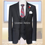 Sharkskin charcoal grey customized 3 piece suit with double breasted vest