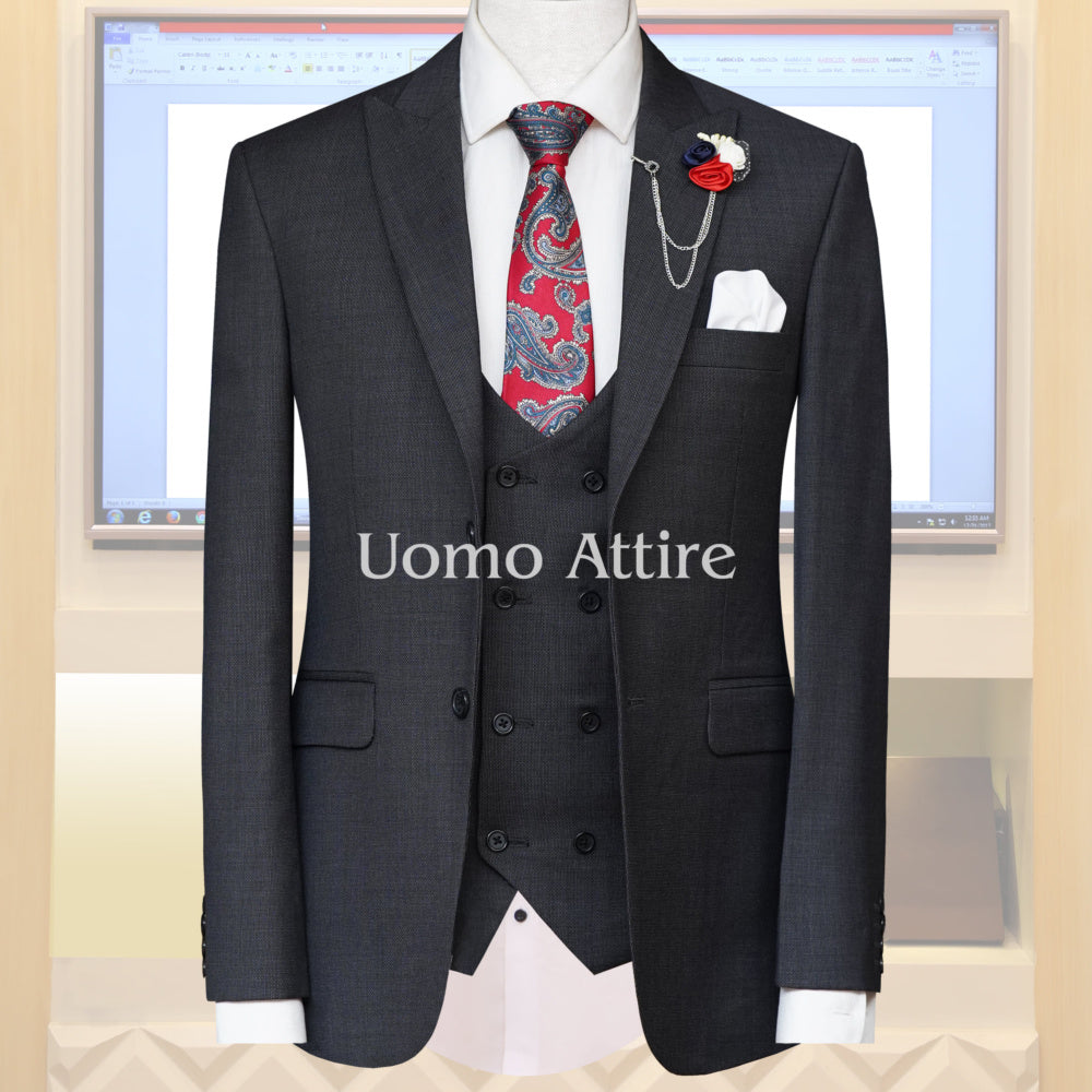 Sharkskin charcoal grey customized 3 piece suit with double breasted vest