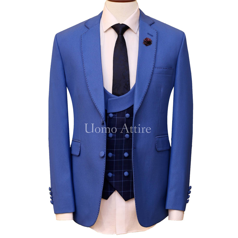 sky blue birds eye contrast three piece suit with double breasted shawl lapel vest