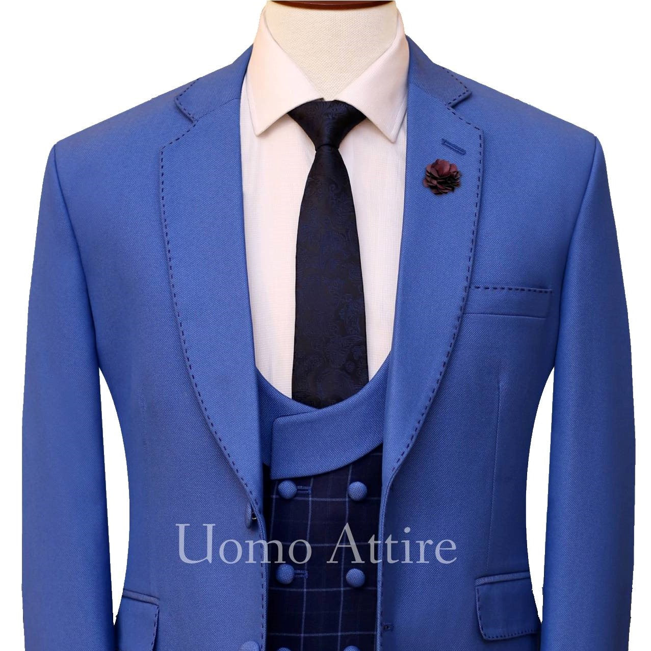 
                  
                    sky blue birds eye contrast three piece suit with formal tie
                  
                