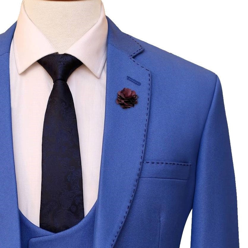 
                  
                    sky blue birds eye contrast three piece suit with formal tie, pick stitch and lapel pin
                  
                
