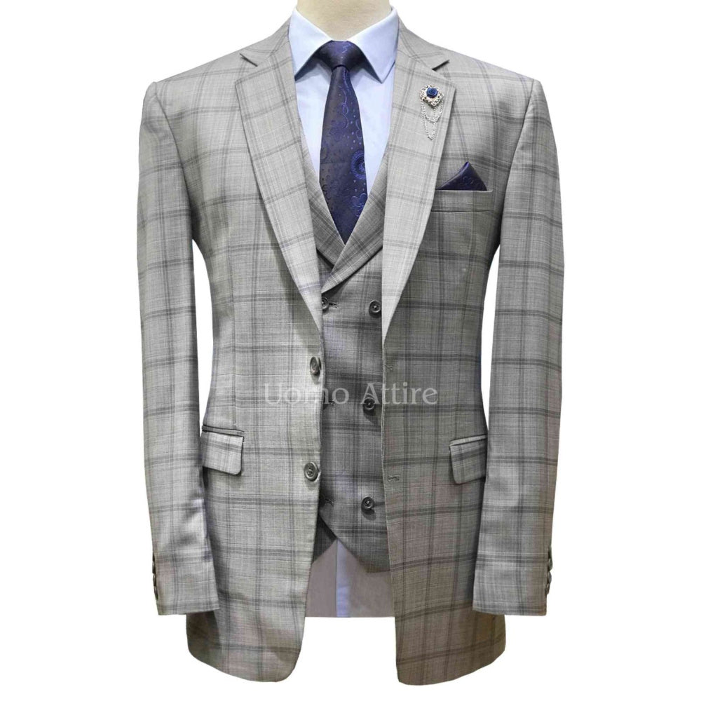 Slate gray three piece suit with tartan plaid checks, 3 piece suit for men