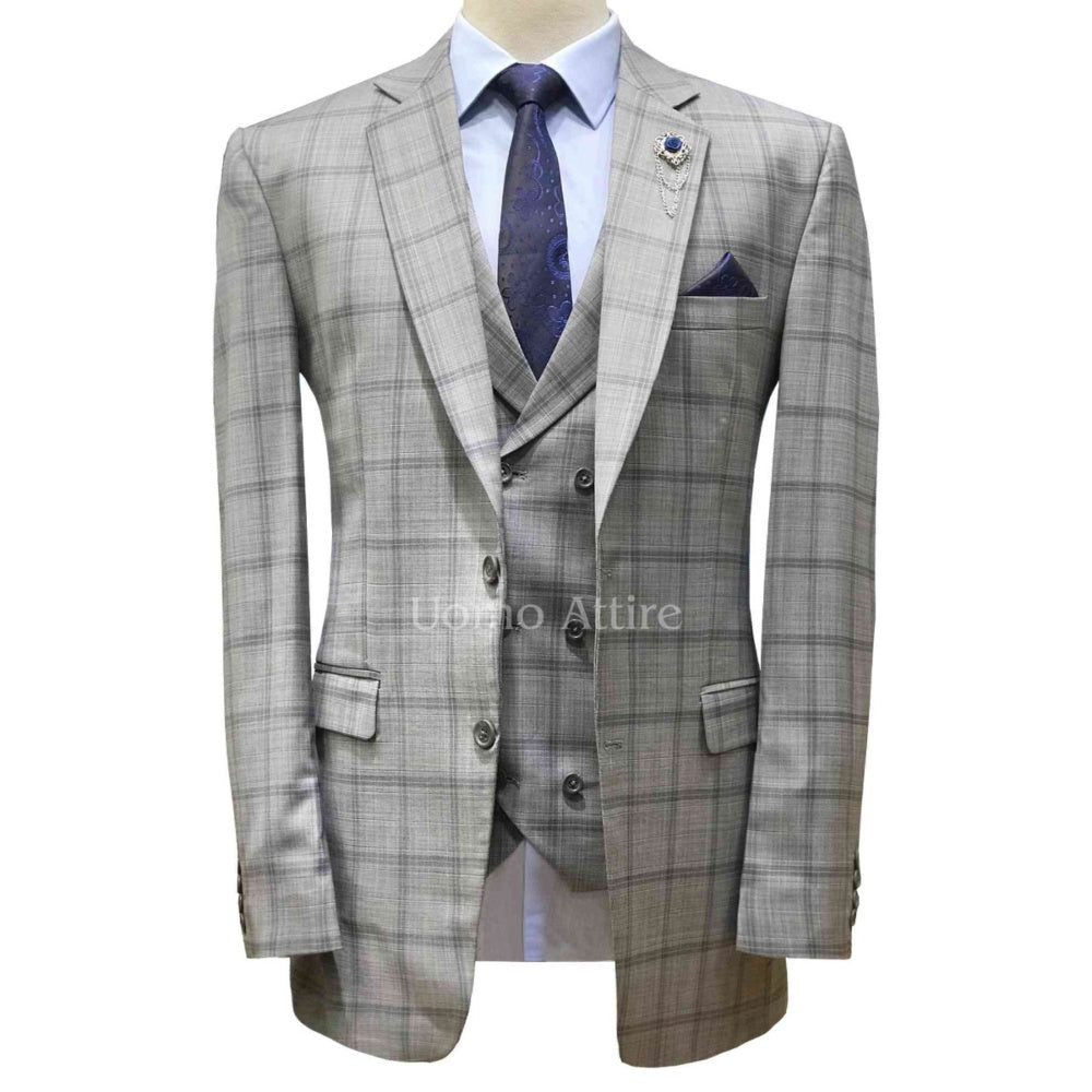Slate gray three piece suit with tartan plaid checks, 3 piece suit for men