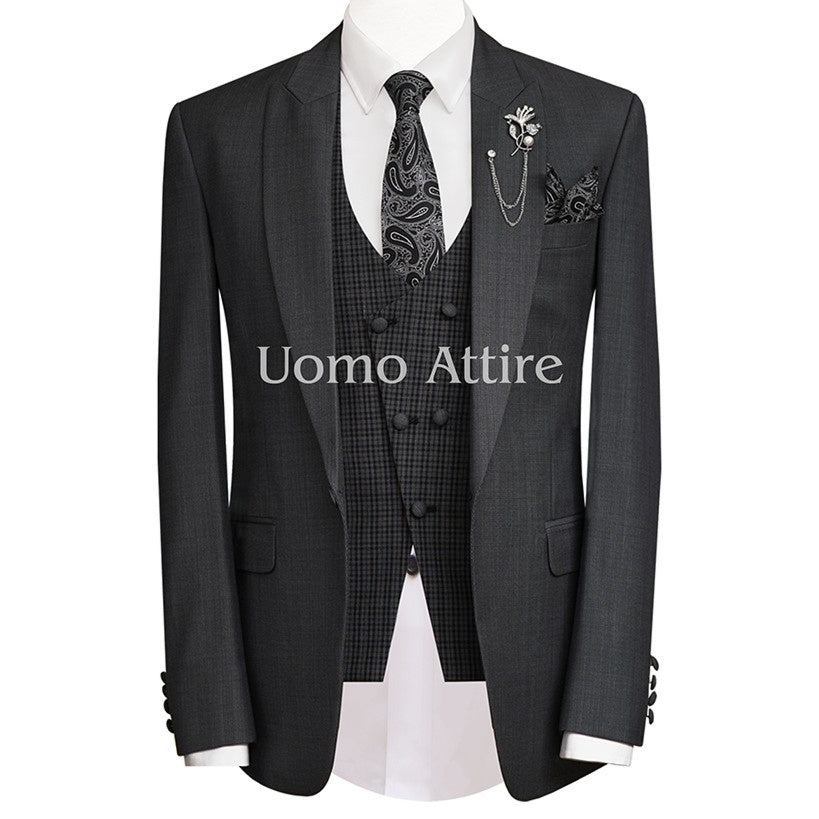 Self textured charcoal grey slim fit three piece Suit – Uomo Attire
