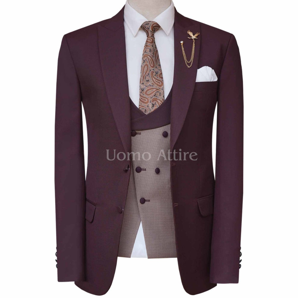 Deep maroon contrast wedding three piece suit