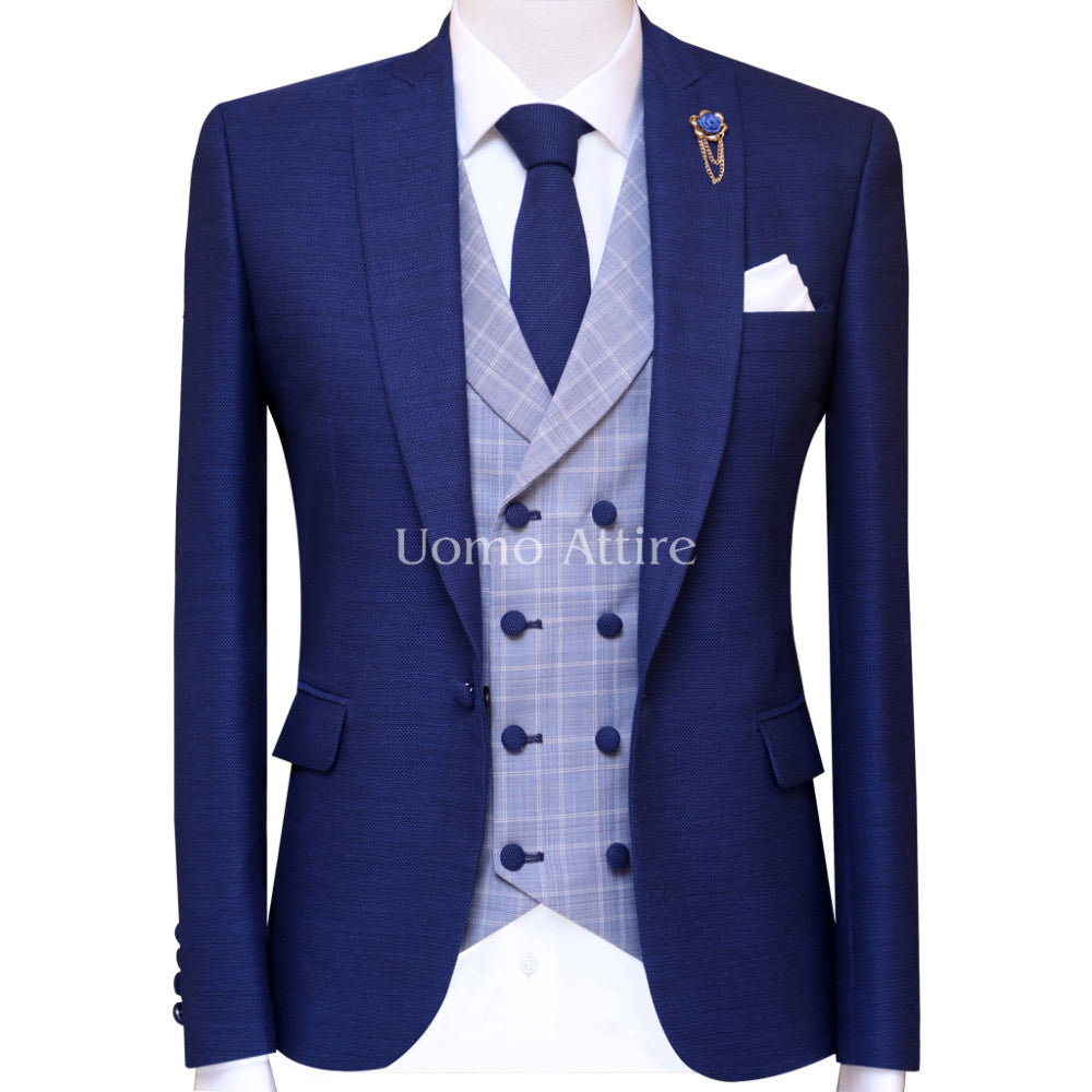 Shark skin Italian bespoke 3 piece suit, blue suits for men