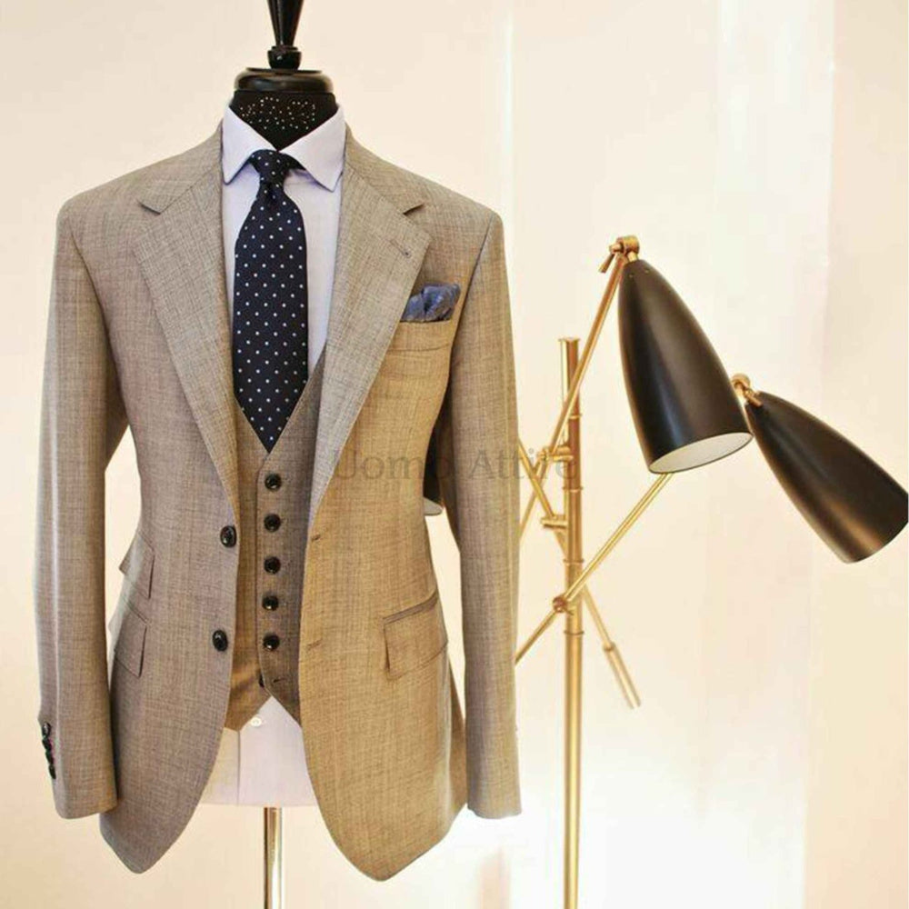 Notched lapel customized 3 piece suit, 3 piece suit for men, 3 piece suit