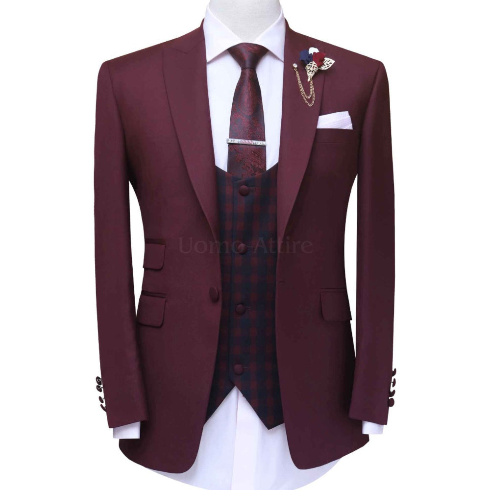 
                  
                    Custom made three piece suit with contrast checkered vest, maroon 3 piece suit for men
                  
                