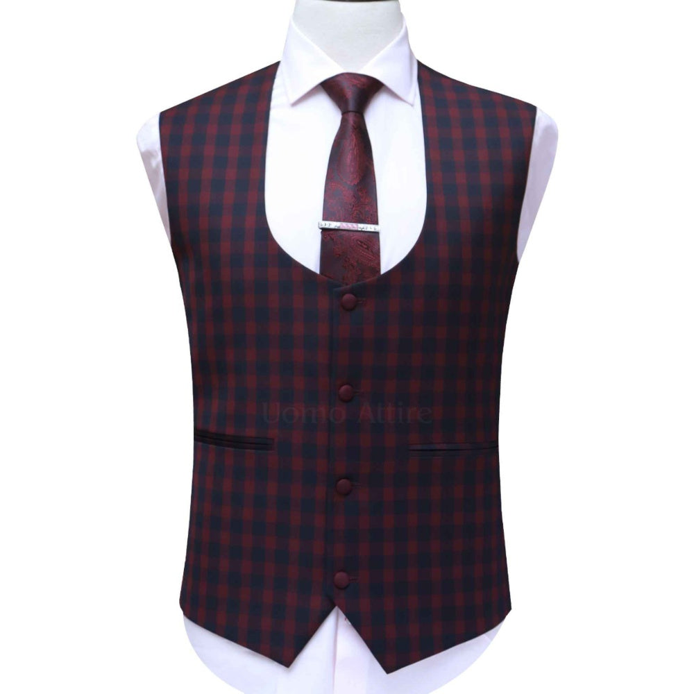 
                  
                    Custom made three piece suit with contrast checkered vest, maroon 3 piece suit for men
                  
                