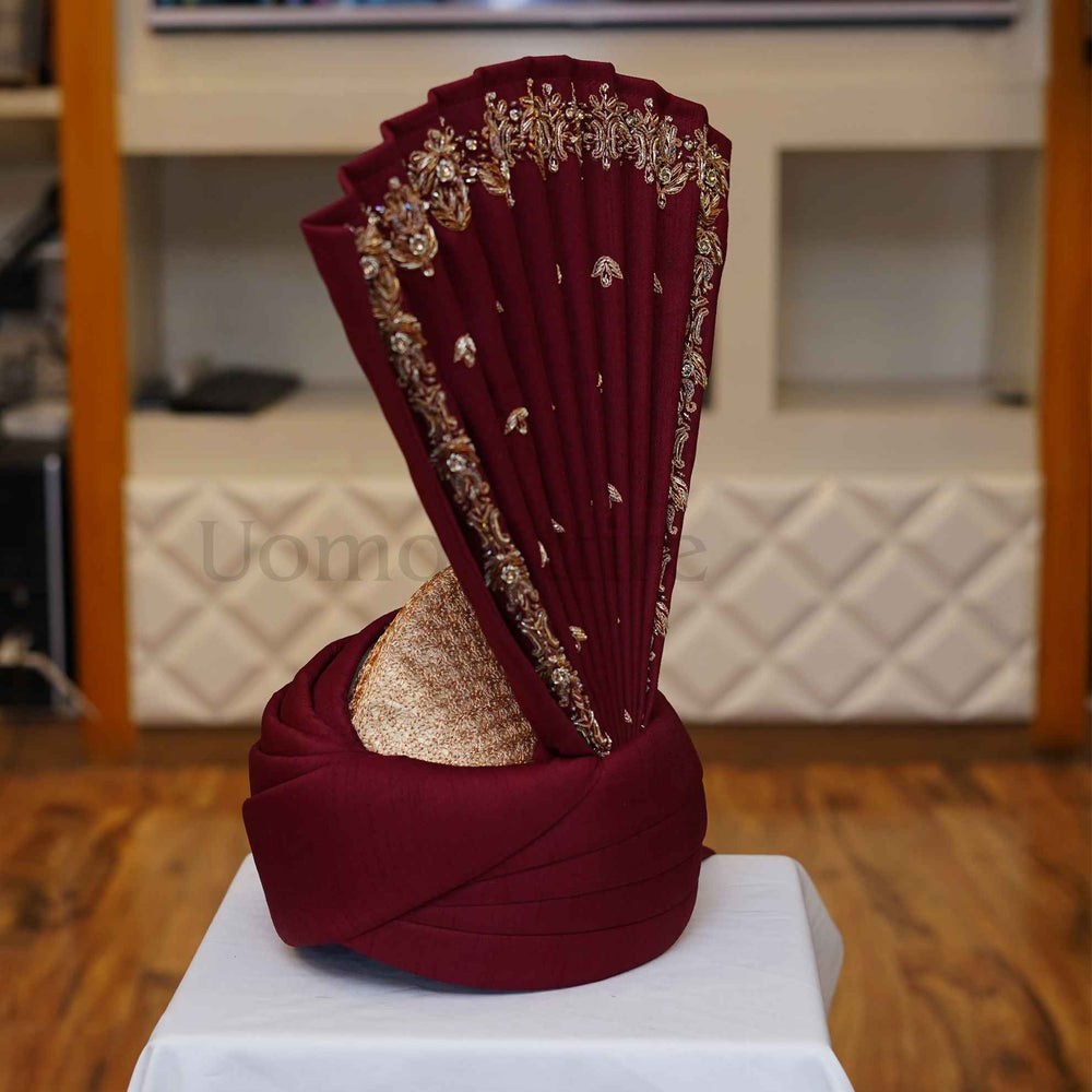 Maroon aitchison kulla (turban) with hand embellishments, Turban