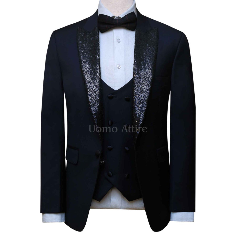 Custom-tailored tuxedo three piece suit for any formal occasion, tuxedo suit, tuxedo suit with sequin fabric shawl and double-breasted vest