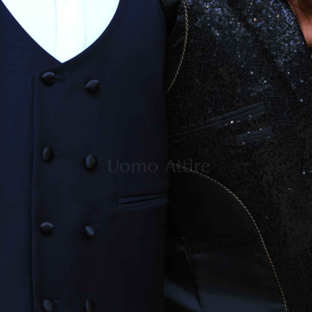 
                  
                    Custom-tailored tuxedo three piece suit for any formal occasion, tuxedo suit, tuxedo suit with sequin fabric shawl and double-breasted vest
                  
                