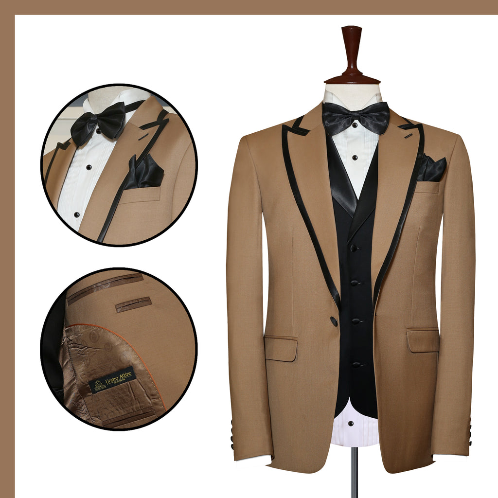 golden tuxedo 3 piece suit with black piping, golden tuxedo suit, tuxedo suit