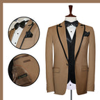 golden tuxedo 3 piece suit with black piping, golden tuxedo suit, tuxedo suit