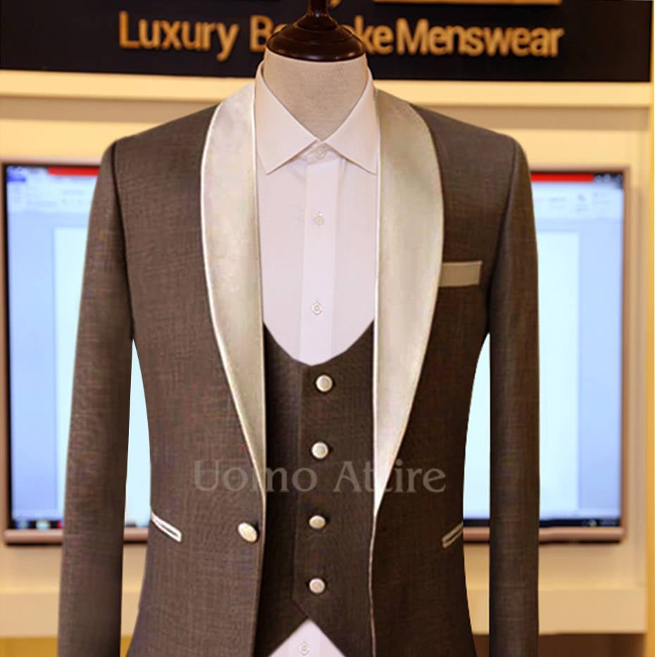 Tuxedo three piece suit with contrast shawl lapel, tuxedo suit, tuxedo suit with satin shawl lapel and single breasted vest